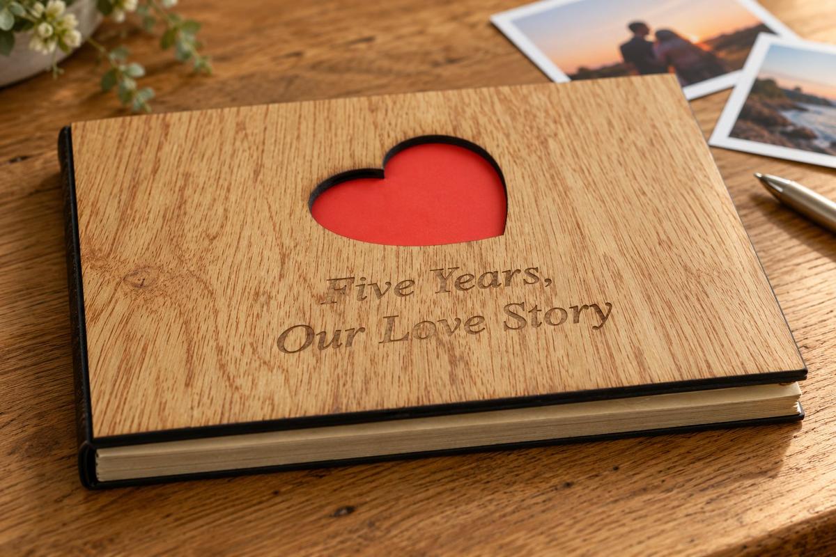 Wood 5th Year Anniversary Scrapbook Engraved With 'Five Years Our Love Story' Gift Idea