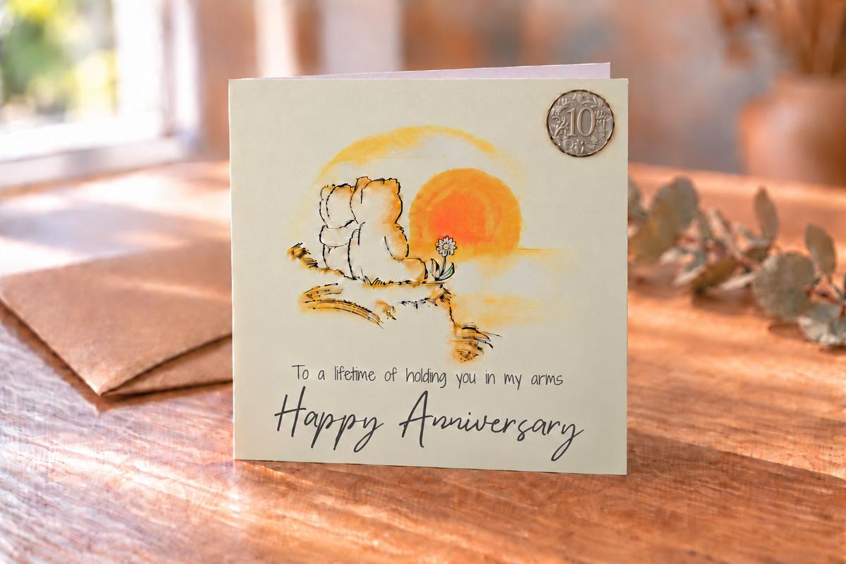 10th Anniversary Card - Bears Watching the Sunset, with 10th Anniversary Metal Token