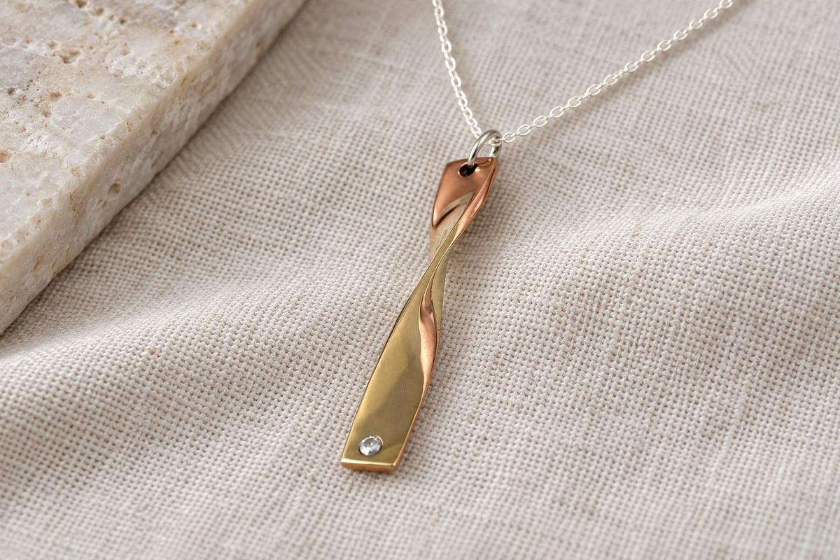 Twisted Bronze Diamond Pendant - 8th Anniversary Gift, Sterling Silver Chain