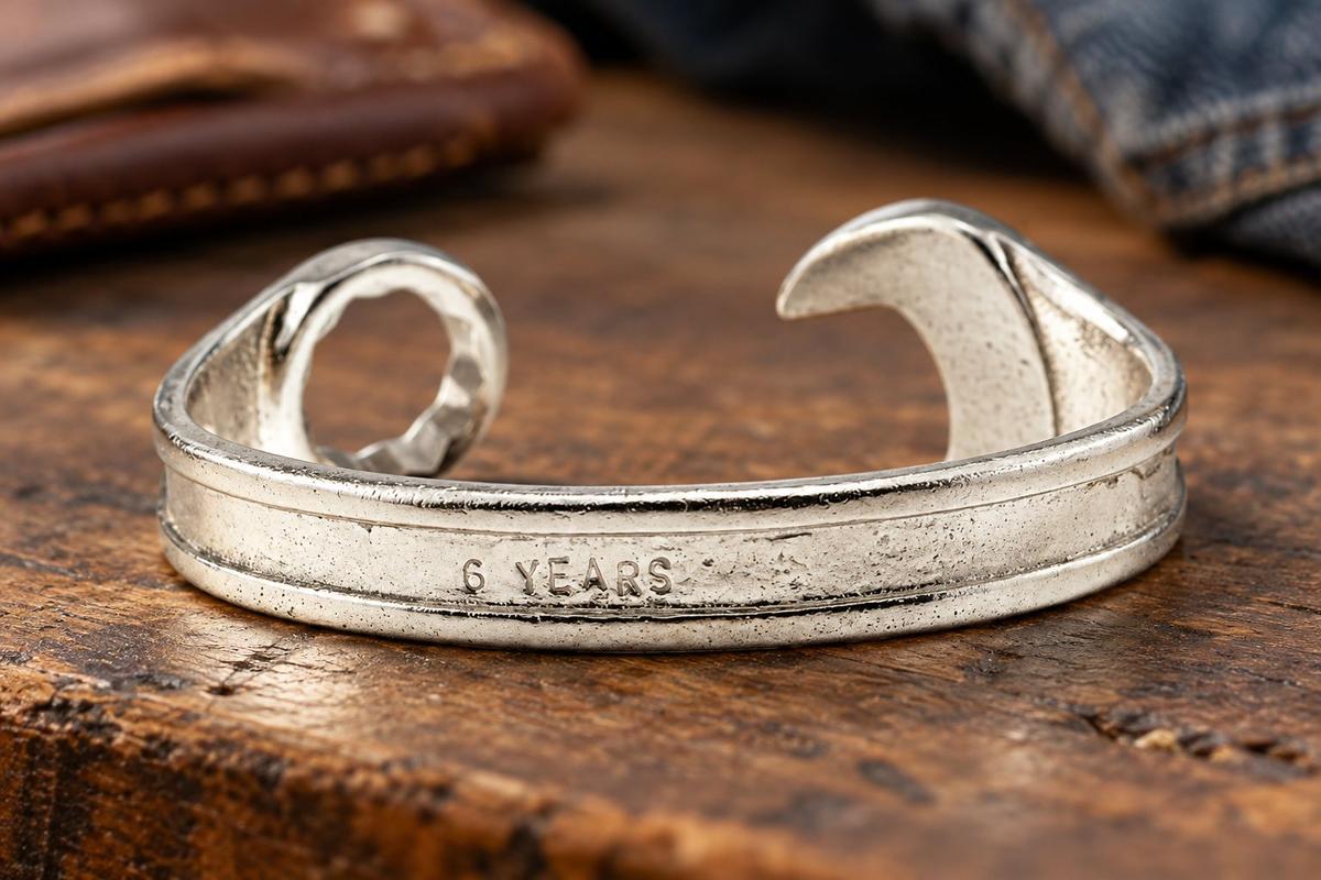 6th Anniversary Gift Ideas For Him - Spanner Wrench Bangle Bracelet - Men's Gift Stamped With 6 YEARS