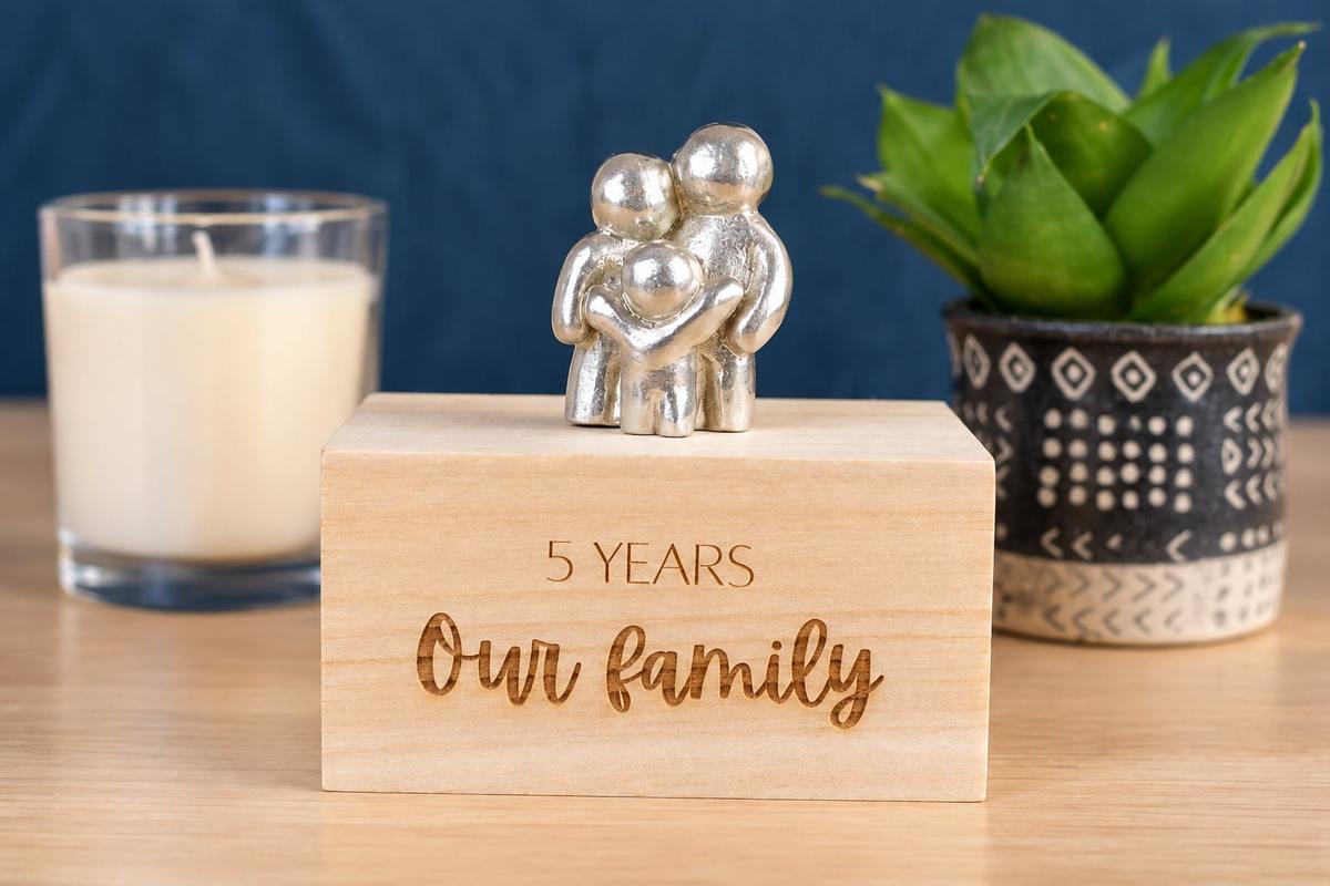 5th Anniversary Family Hug Sculpture | Engraved Wooden Box