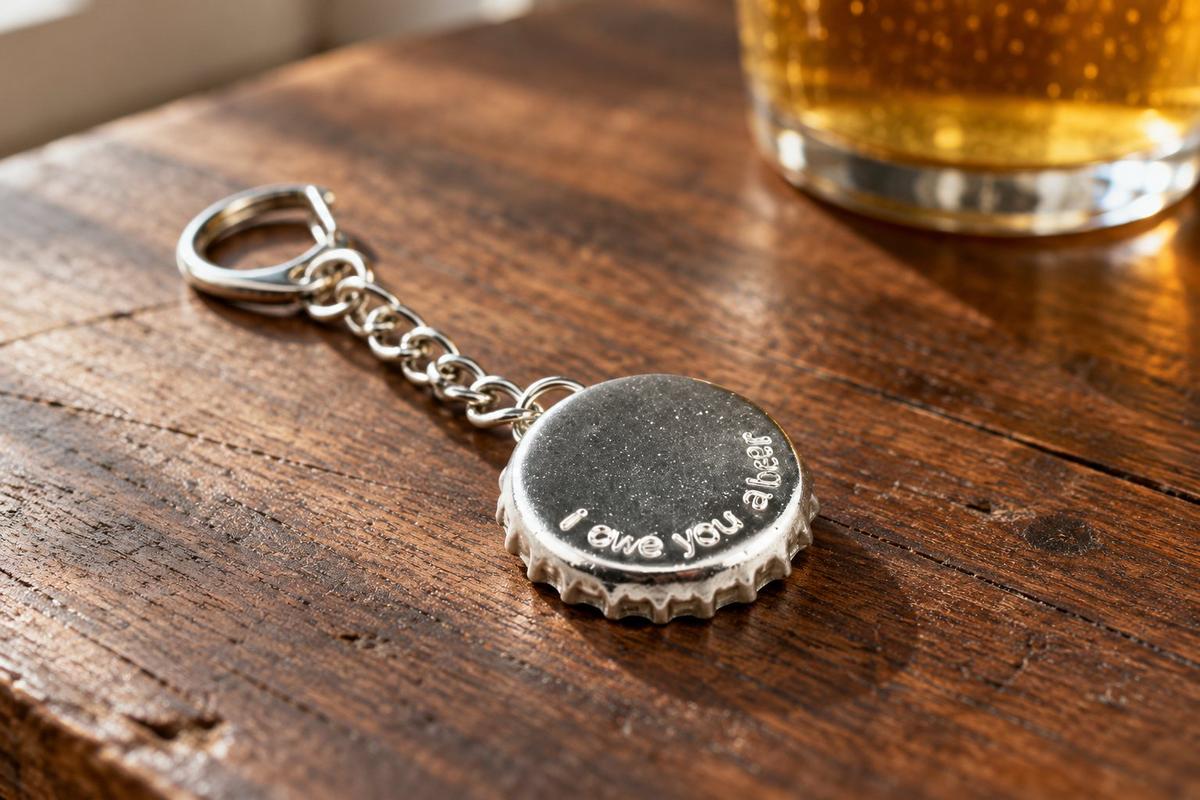 I Owe You A Beer. Tin Bottle Cap Keyring/Keychain. Token. Birthday. Anniversary. Fathers Day. Best Man.