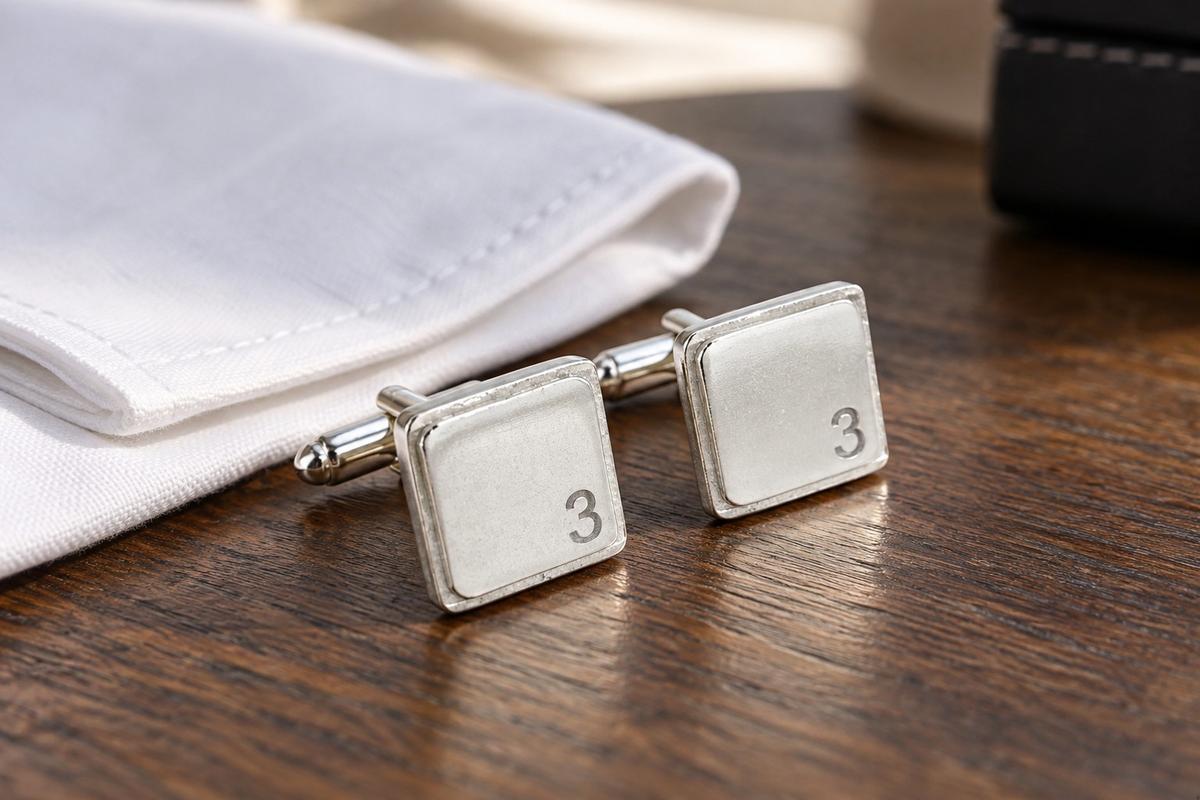 Polished Square Tin Cufflinks with '3' Engraved - 3rd Anniversary