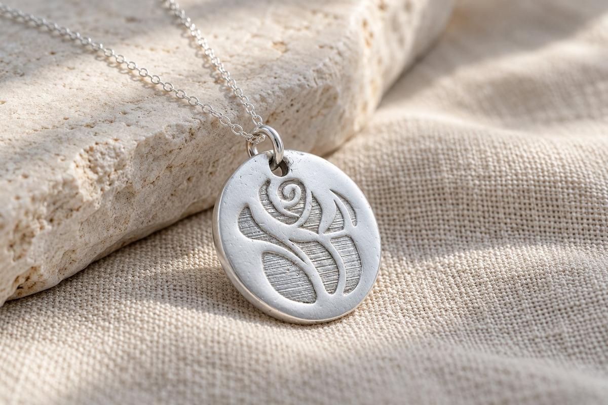 Tin Rose Design Circular Pendant Necklace – 10th Anniversary Gift, Pure Tin