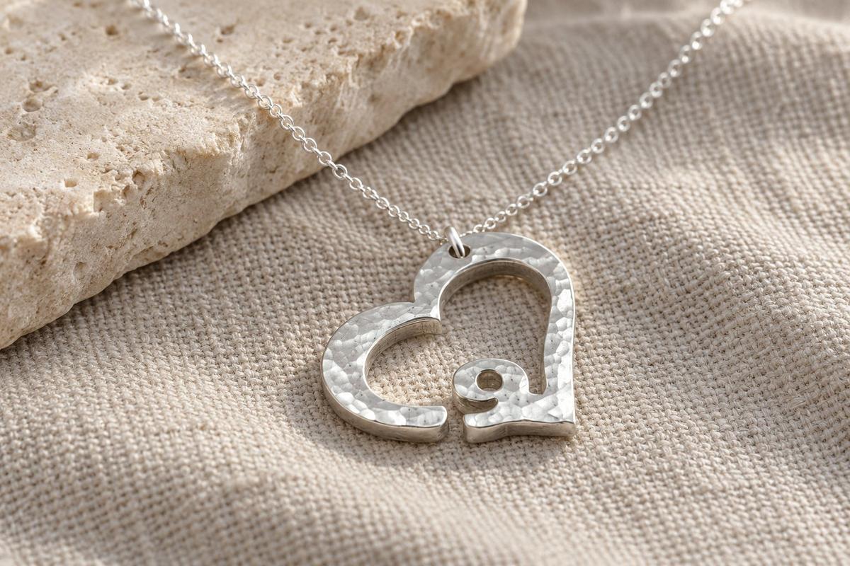 9th Anniversary Beaten Heart Pendant with Sterling Silver Chain