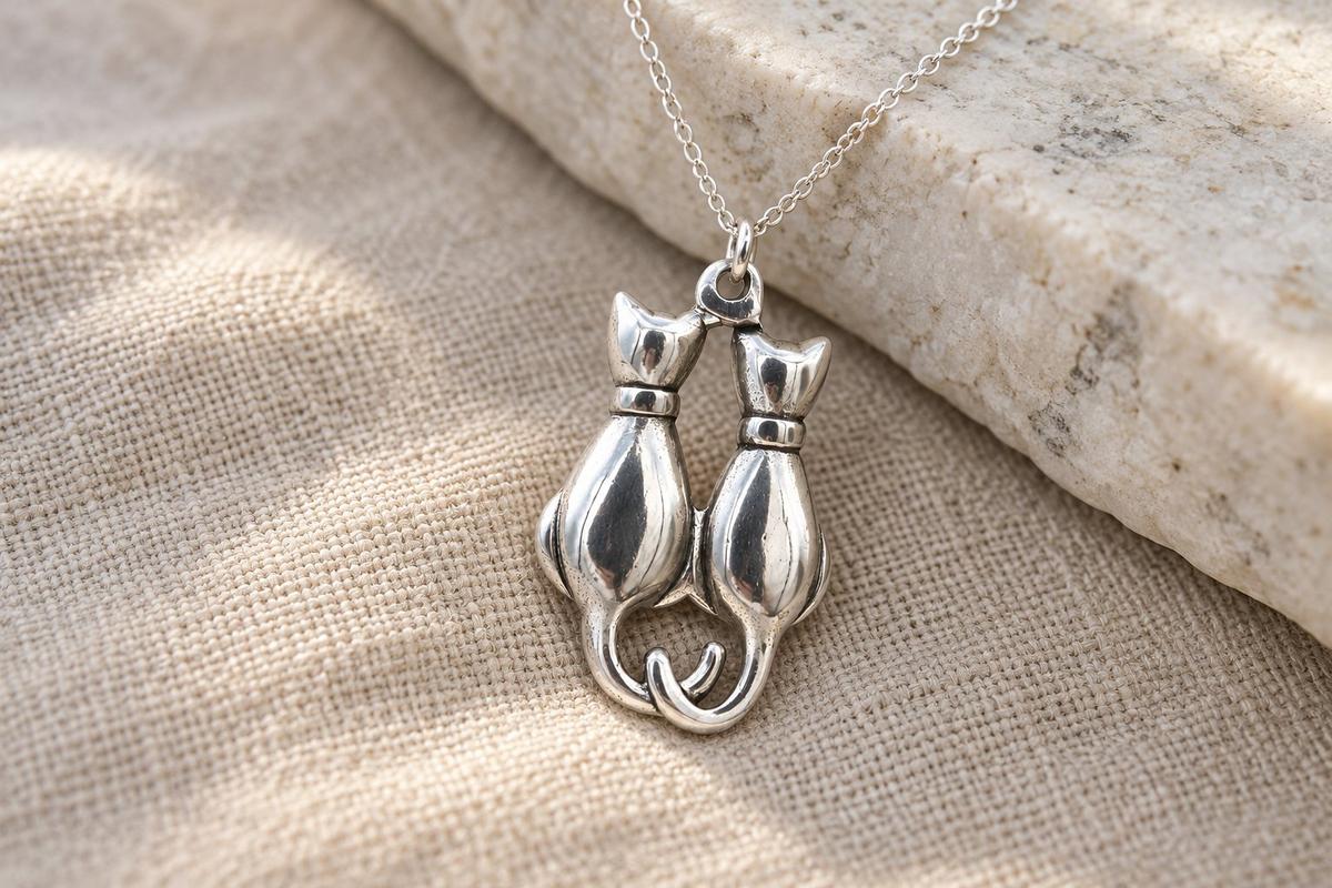 tin necklace — two polished tin cats with tails curling into a heart on a fine chain, 10th anniversary gift