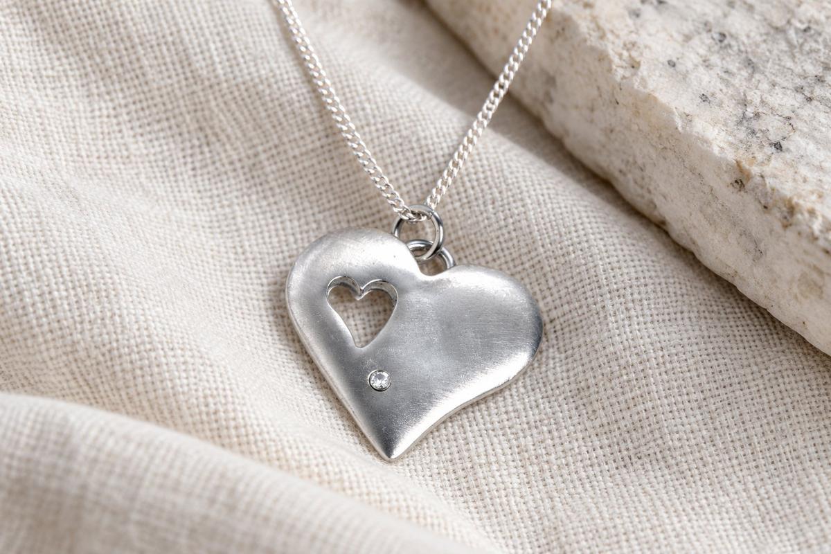 Handcrafted Tenth Wedding Anniversary Textured Tin & Diamond Heart Pendant (EDHP9TX)