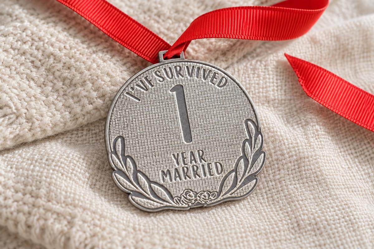 1st Anniversary Gift | 'I've Survived 1 Year Married' Funny Medal | 1 Year Paper Anniversary Sarcastic Keepsake, Handmade UK