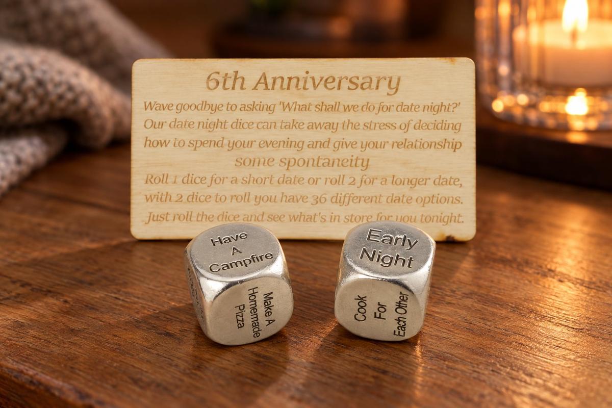 anniversary dice — wooden date night decider dice with a date idea on each face, 6th anniversary gift
