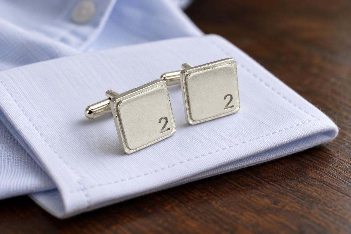 Polished Square Tin Cufflinks with '2' Engraved - 2nd Anniversary
