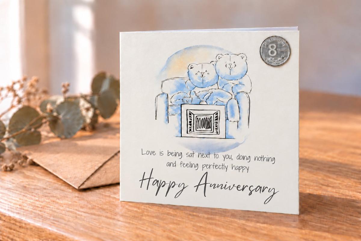 8th Anniversary Card - Relaxed Bears Watching TV, with 8th Anniversary Metal Token