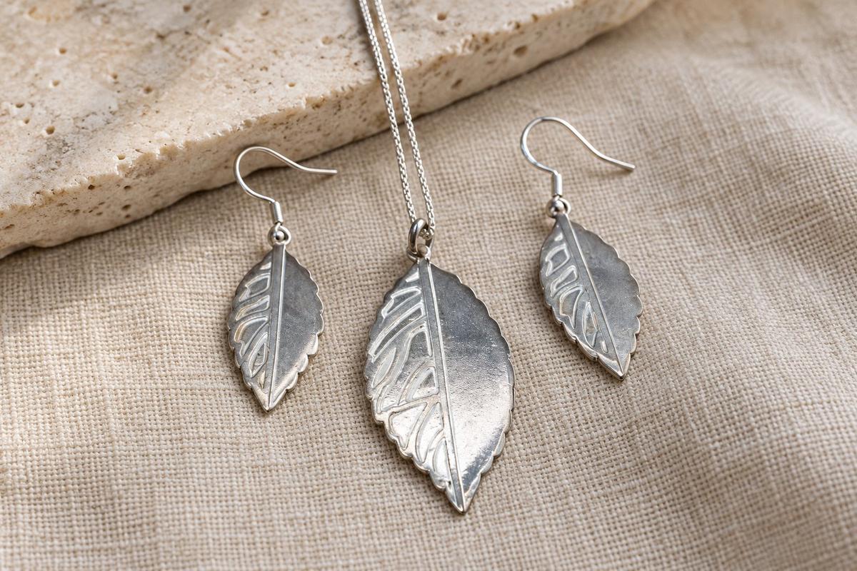 Tin Leaf Jewellery Set – Handcrafted Pure Tin Necklace & Earrings, Unique 10 Year Gift for Wife