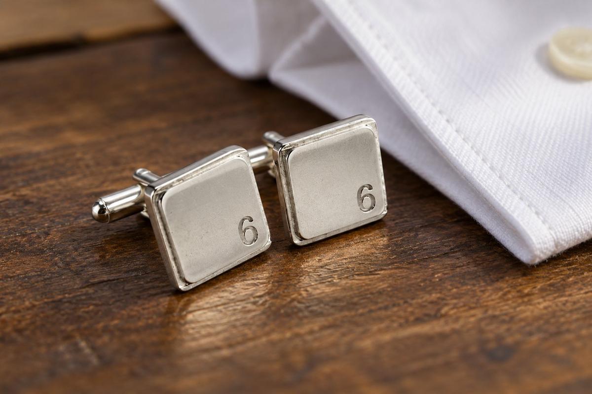 6th Anniversary Tin Cufflinks – Handmade Minimalist Design with Engraved ‘6’, Polished & Textured Finish, Sterling Silver Plated Backs