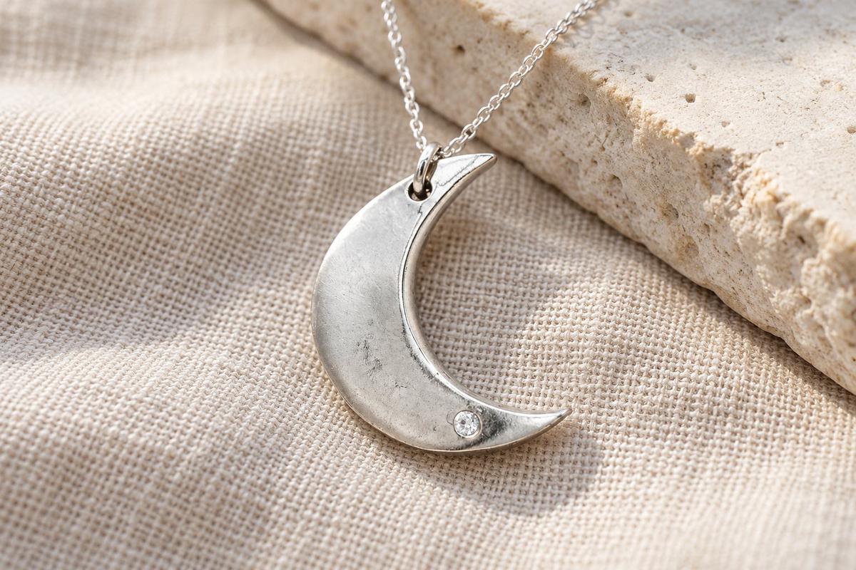 Tenth Anniversary Diamond and Tin Crescent Moon pendant - 10th Wedding Anniversary Necklace
