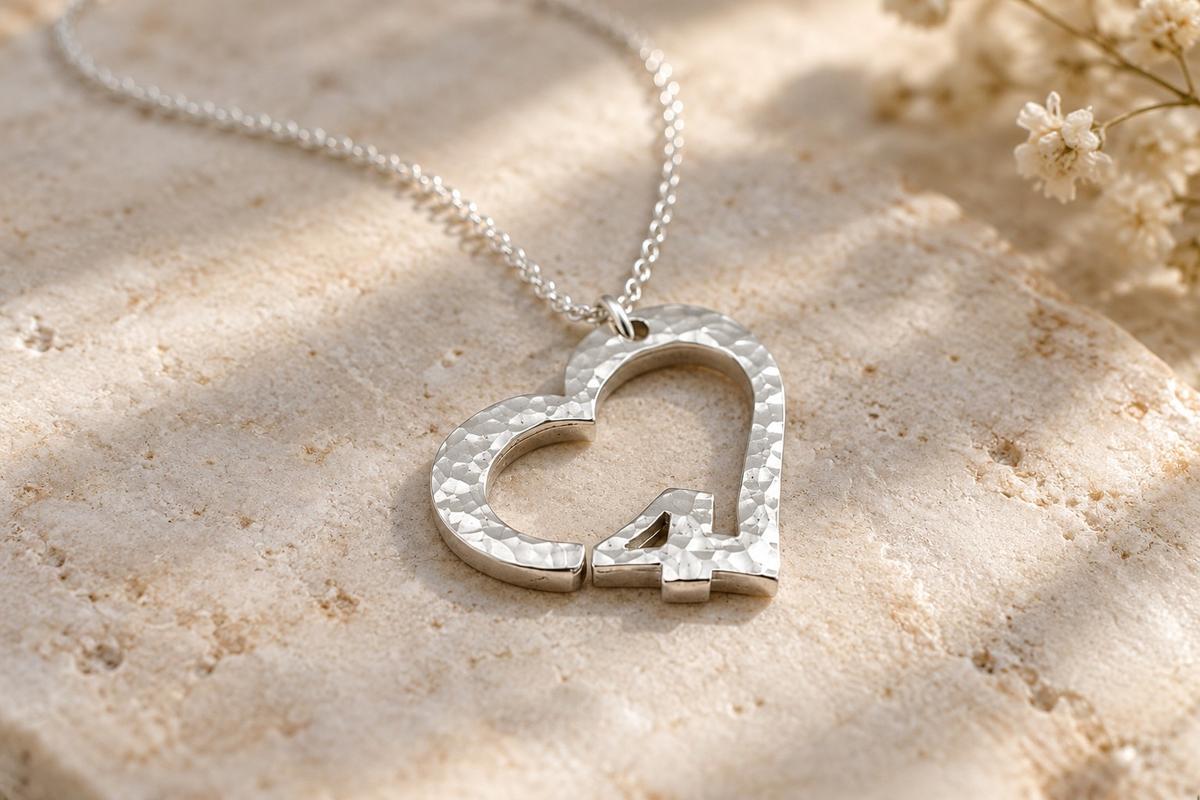 4th Anniversary Beaten Heart Pendant with Sterling Silver Chain