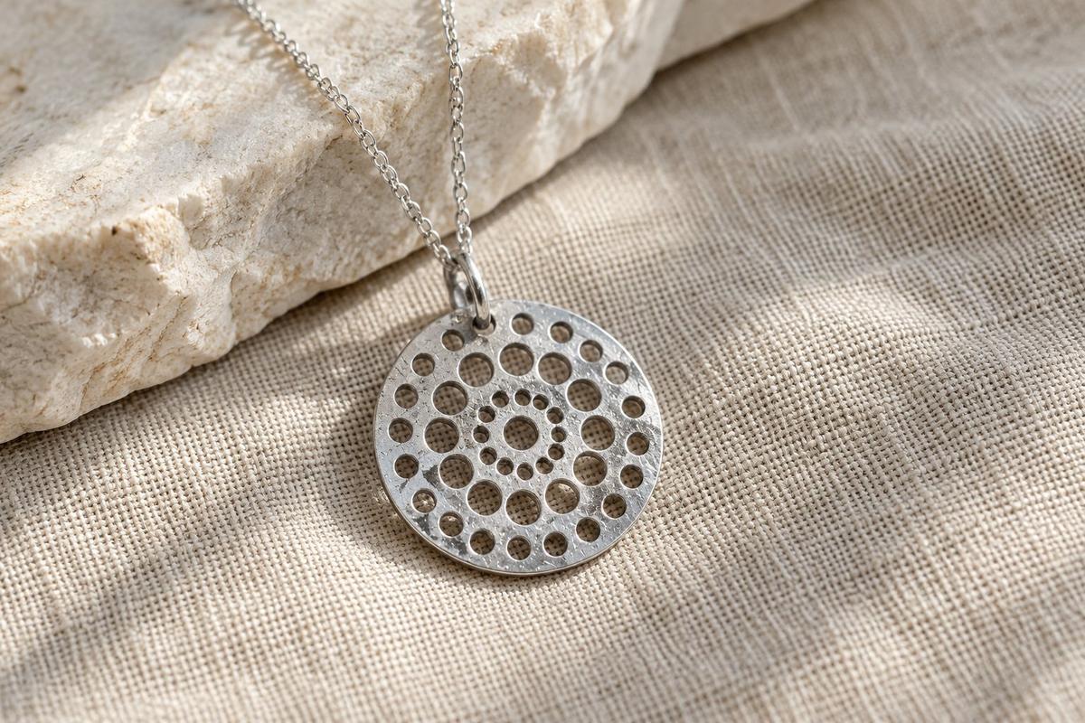 Tin Dot Pattern Disc Pendant Necklace – 10th Anniversary Gift, Pure Tin