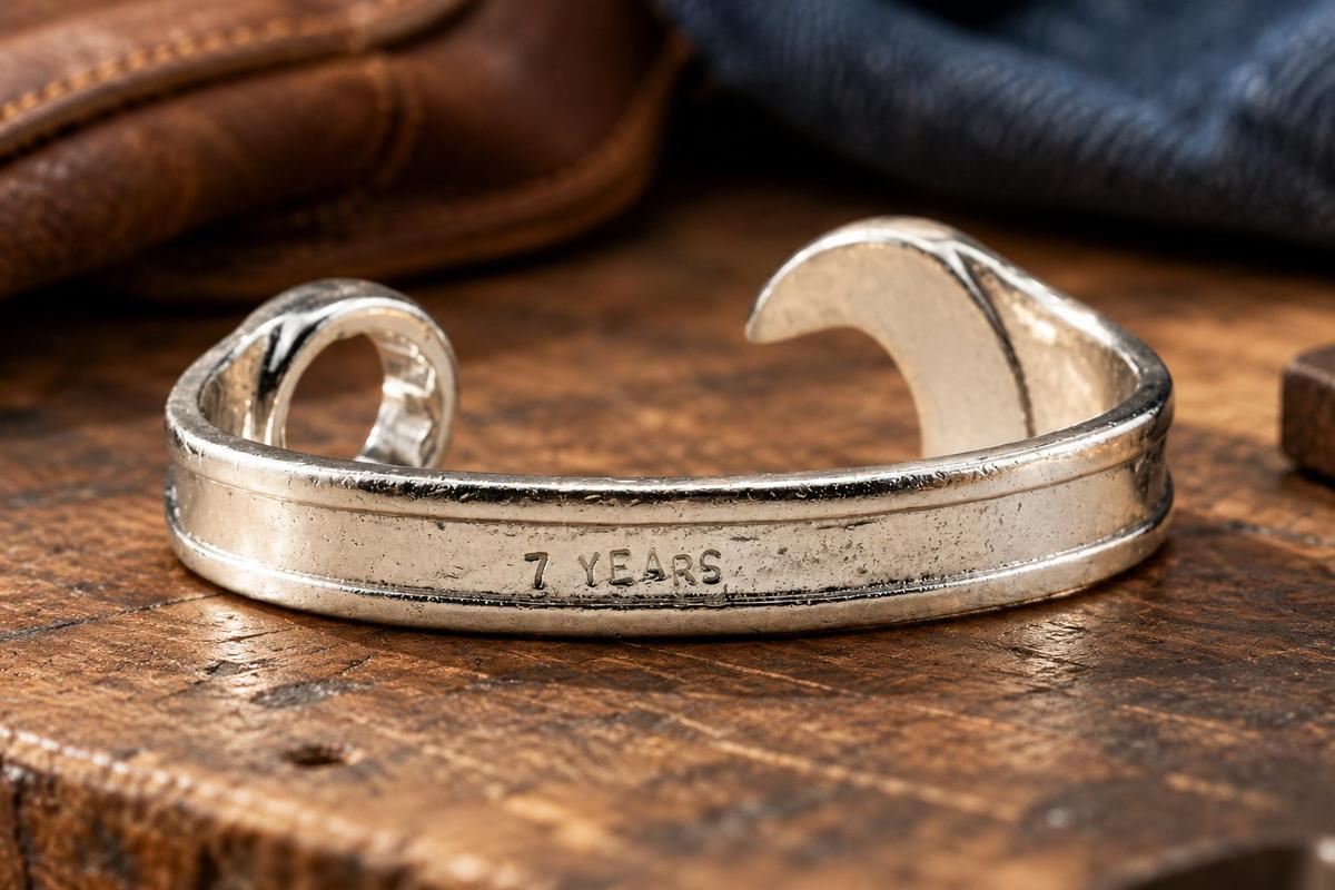 7th Anniversary Spanner Wrench Bangle - Gift for Him - Stamped with 7 Years