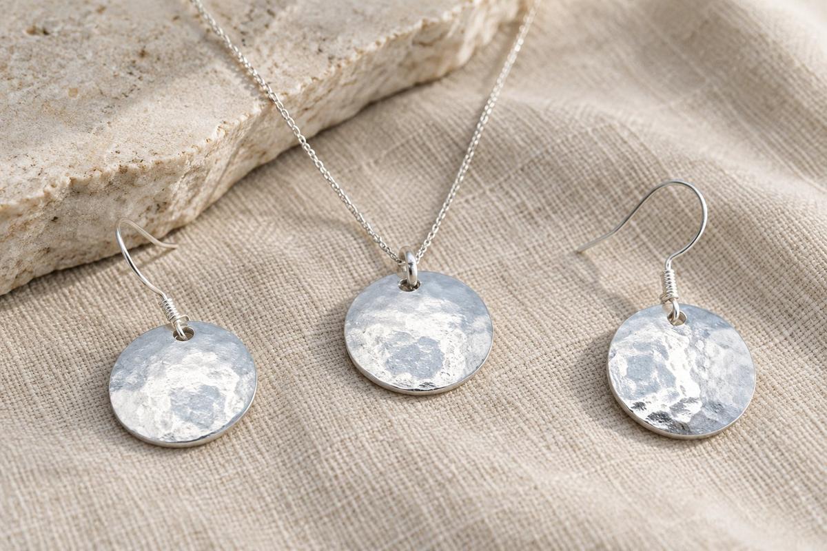 Tin 10th Anniversary Earring and Pendant Beaten Disc Set