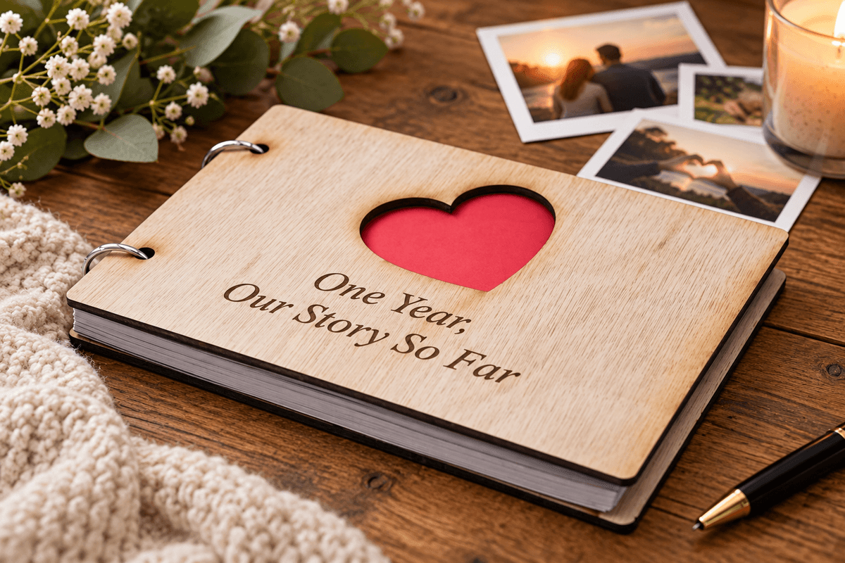 1 year paper anniversary scrapbook — 'Our Story So Far' personalised photo album for the first wedding anniversary, handmade in Cornwall