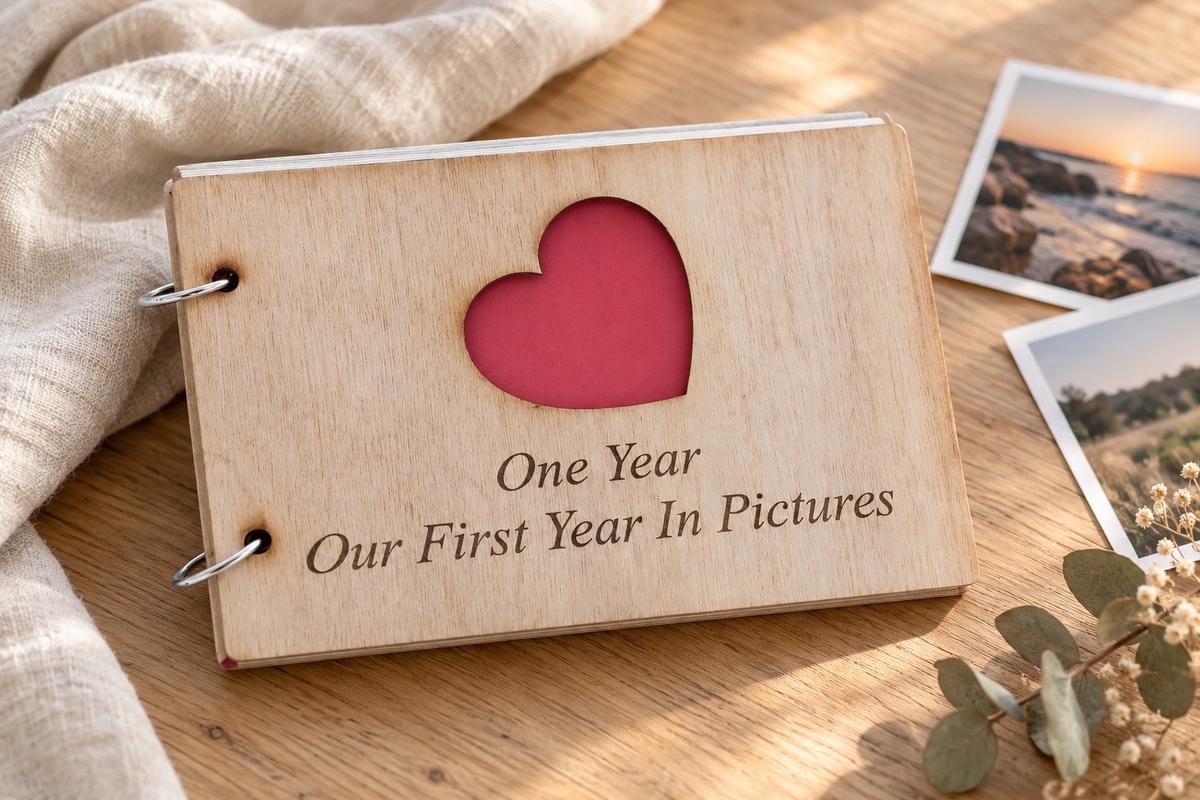 Anniversary Scrapbook Engraved With '*Your Year 1-50* Year(s), Our *1st-50th* Year In Pictures'