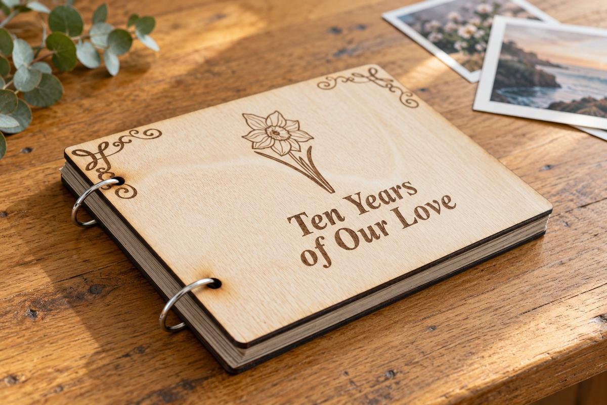 10th anniversary scrapbook — wooden photo album with daffodil engraving and 'Ten Years of Our Love'