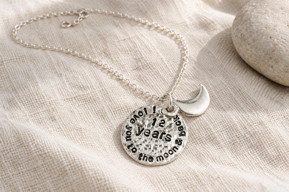 12th Anniversary Necklace – I Love You To The Moon, Rustic Pendant