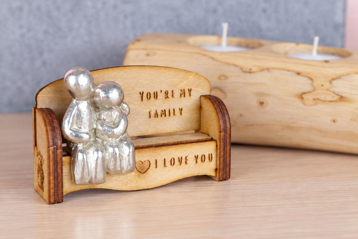 Anniversary Gift for Wife or Husband | 'You're My Family' Cuddling Couple Wooden Sofa Bench | Romantic Keepsake, Handmade UK