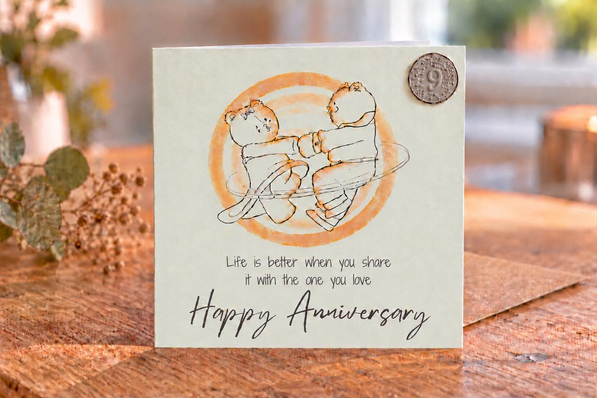 9th Anniversary Card - Bears Dancing, with 9th Anniversary Metal Token