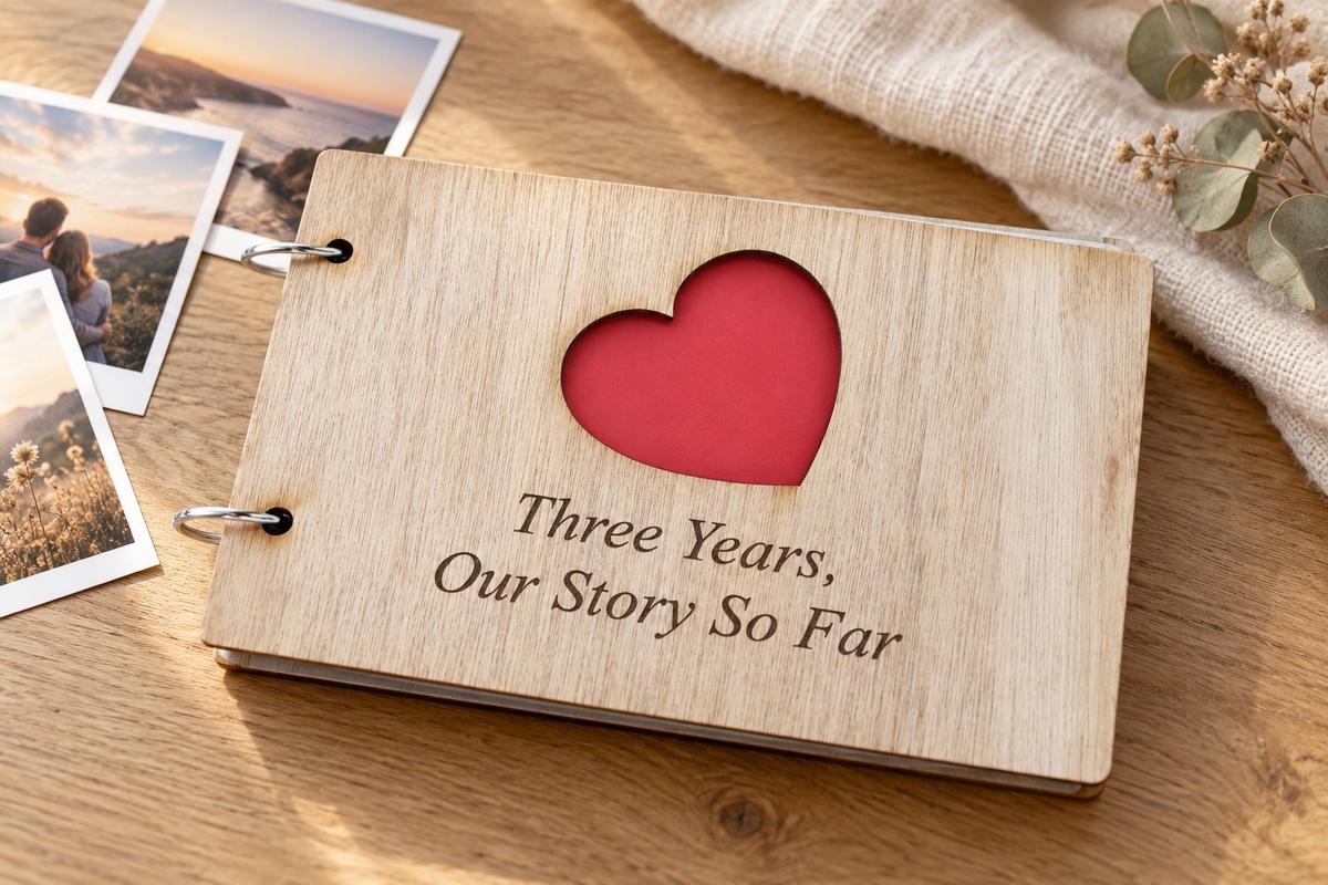 our story so far photo album — wood-cover scrapbook with red heart cut-out engraved 'Three Years, Our Story So Far'