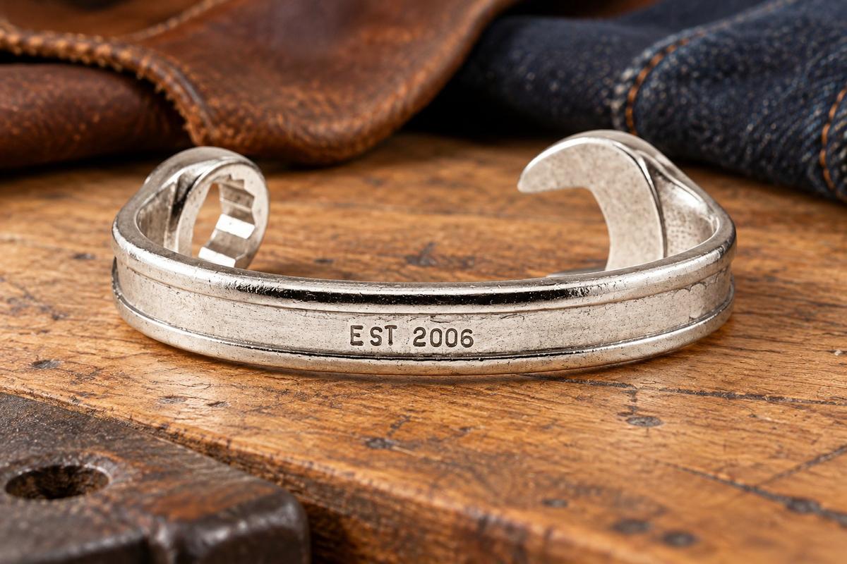 Established 2006 20th Wedding Anniversary Gift - Spanner Wrench Bangle Bracelet Stamped With EST 2006