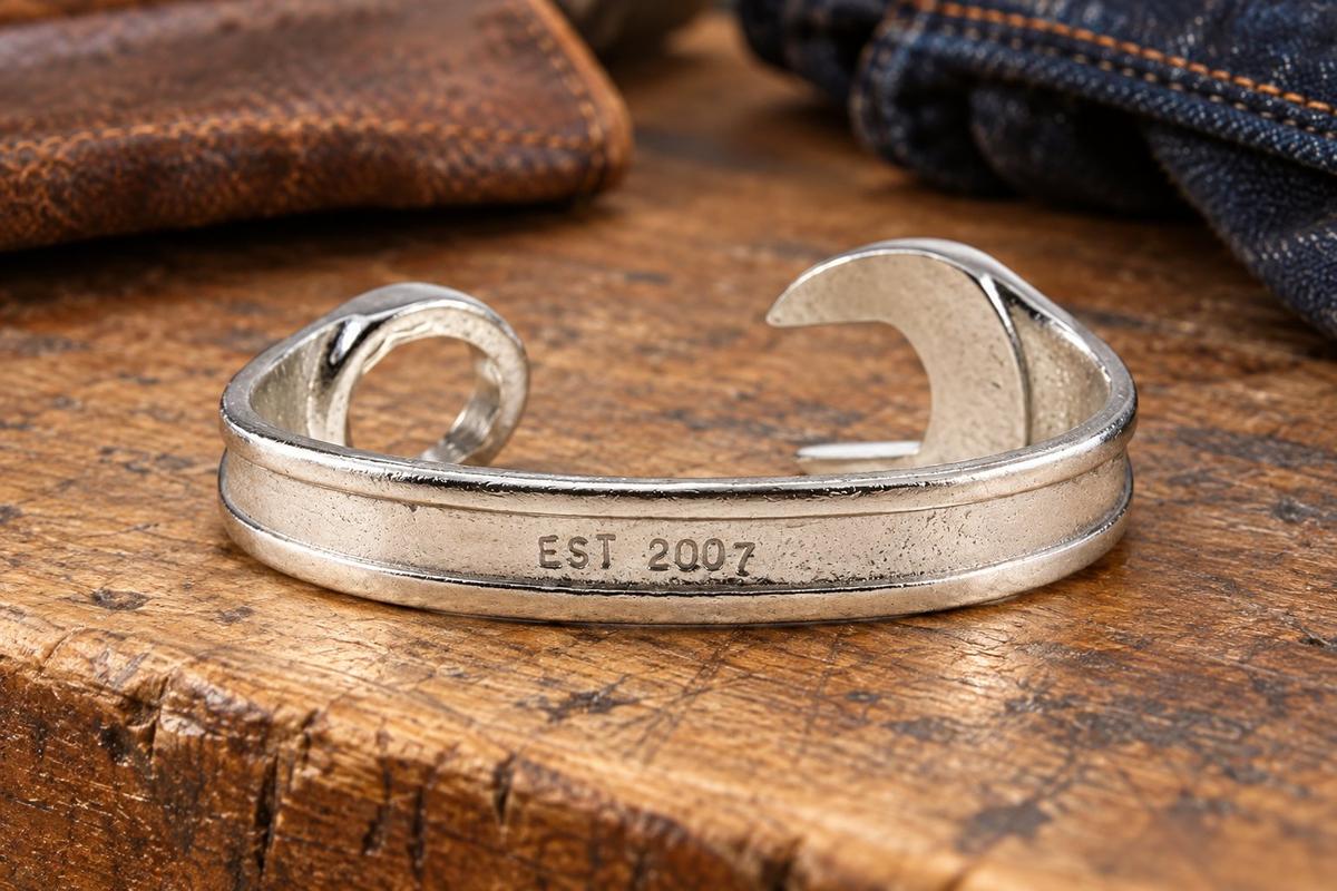 Established 2007 19th Wedding Anniversary Gift - Spanner Wrench Bangle Bracelet Stamped With EST 2007