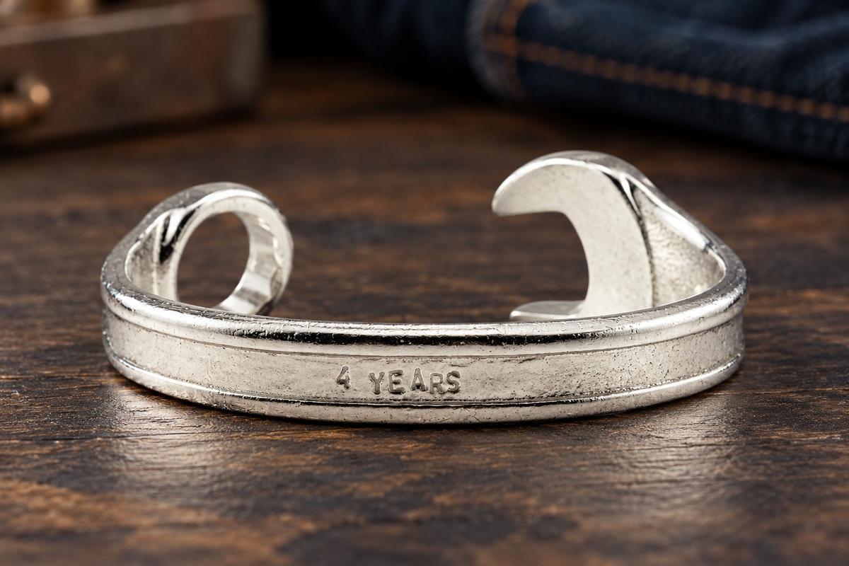 4th Anniversary Gift Ideas For Him - Spanner Wrench Bangle Bracelet - Men's Gift Stamped With 4 YEARS
