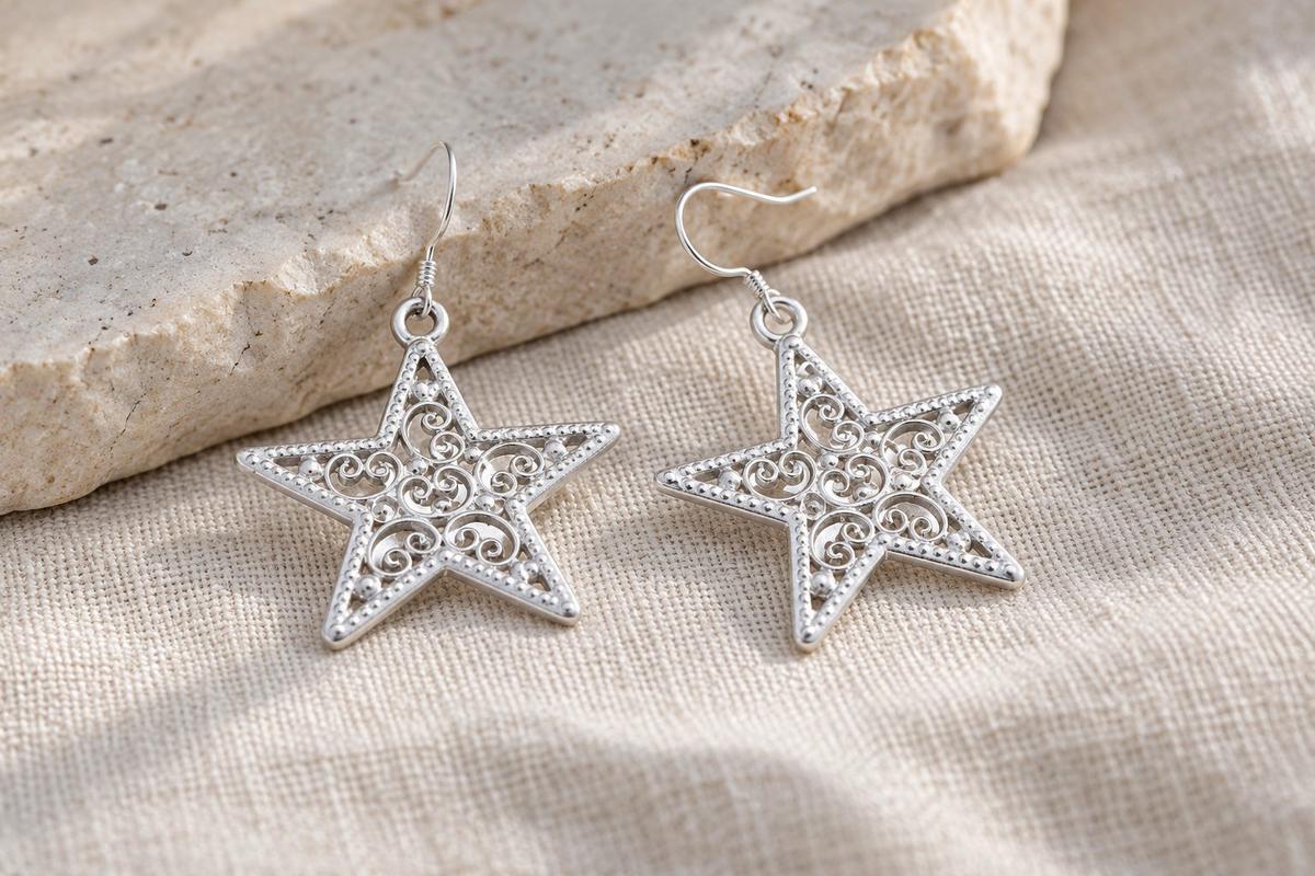 Tin Detailed Cut Out Star Design Earrings - Anniversary or Birthday Gift