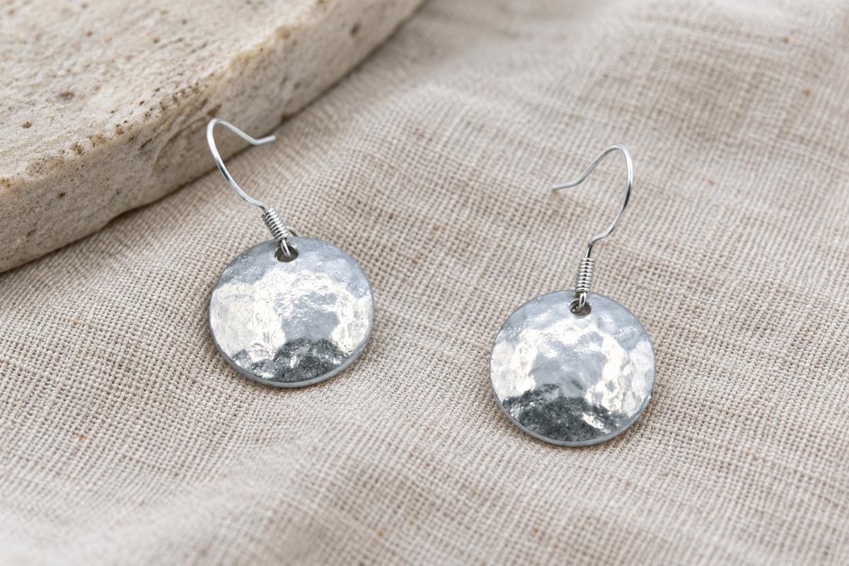 Beaten Tin Disc Earrings – Sterling Silver, 10th Anniversary Gift. Birthday.