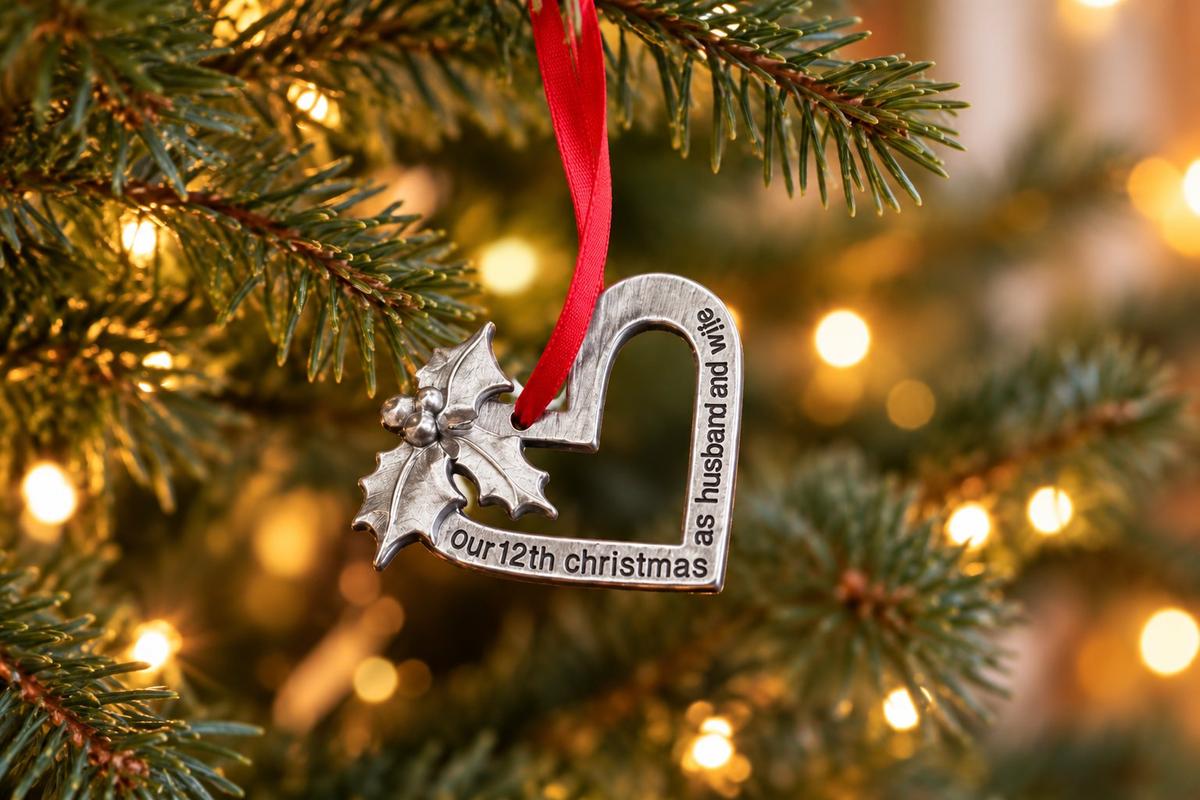 12 years wedding anniversary gift — metal Christmas tree ornament reading 'Our 12th Christmas as Husband & Wife', handmade in Cornwall