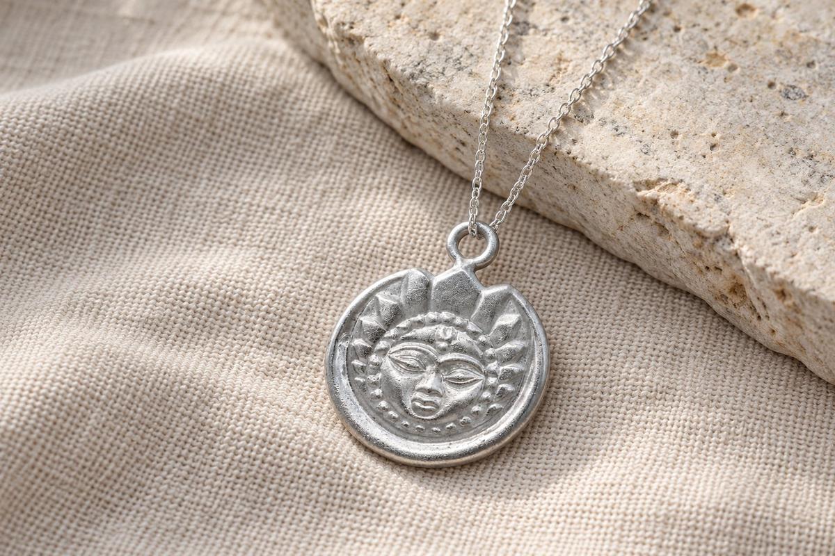 Tin Aztec Style Face. Pendant/Necklace - 10th Wedding Anniversary. Birthday.