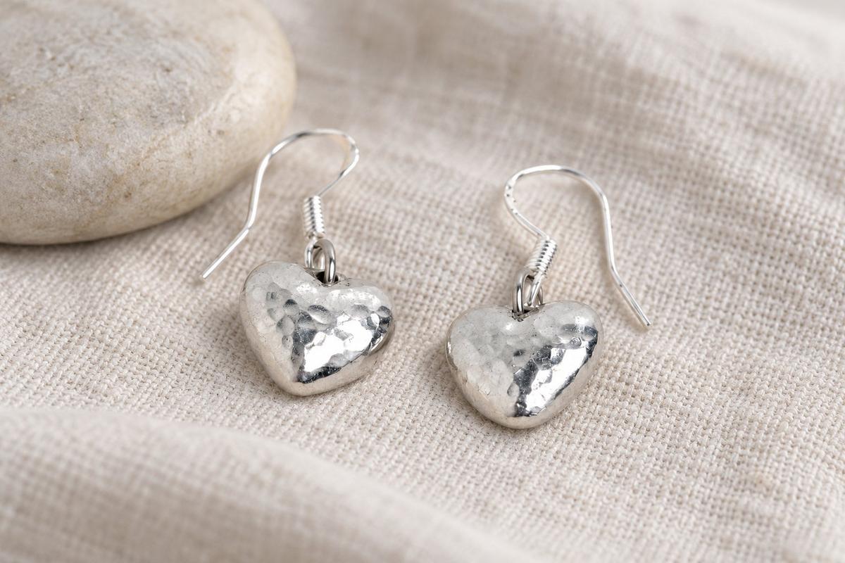 Hammered Tin Heart Earrings – Sterling Silver, 10th Anniversary Gift