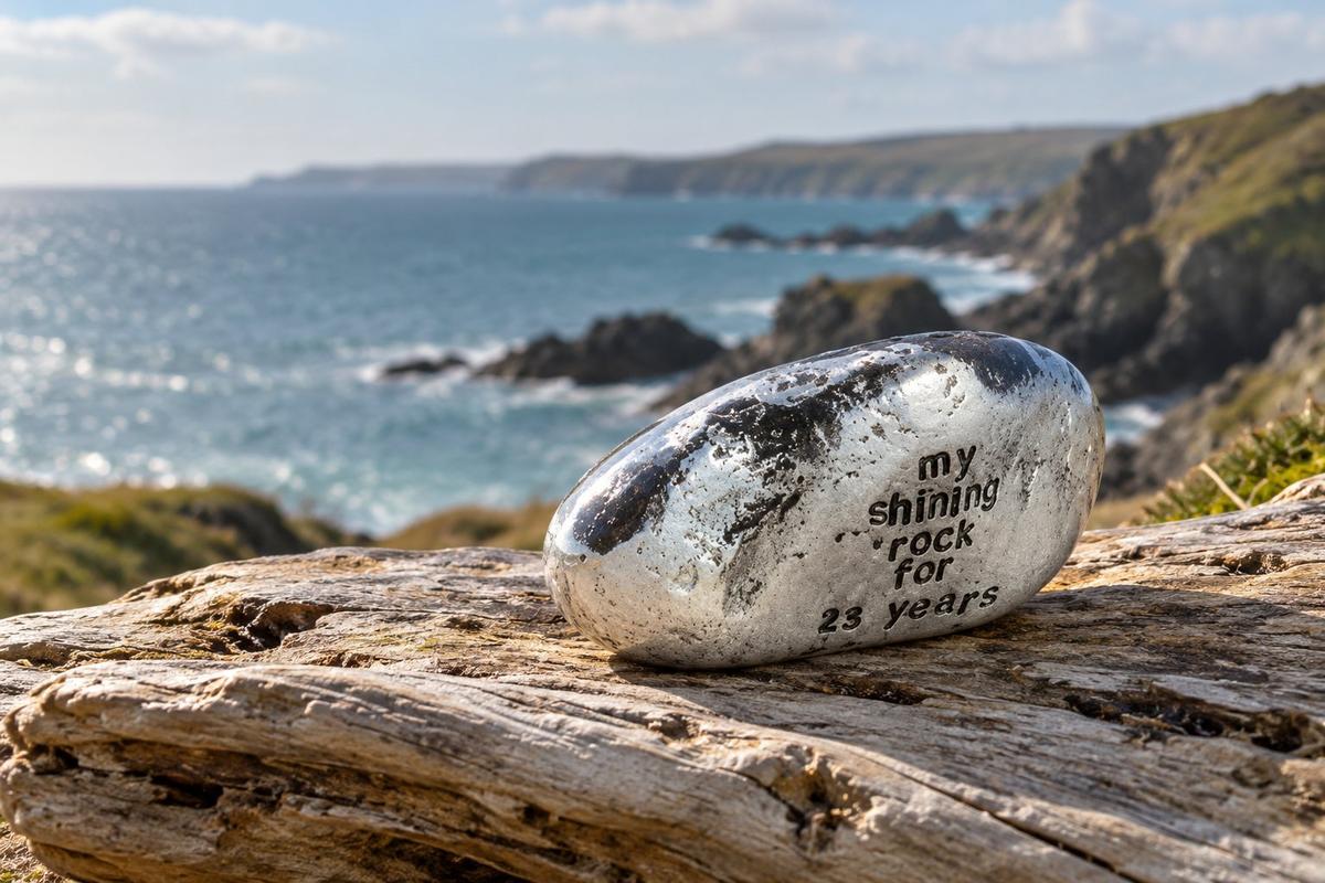 23rd wedding anniversary gift — solid polished metal 'My Shining Rock' keepsake for the 23rd anniversary year, supplied in card box with story leaflet