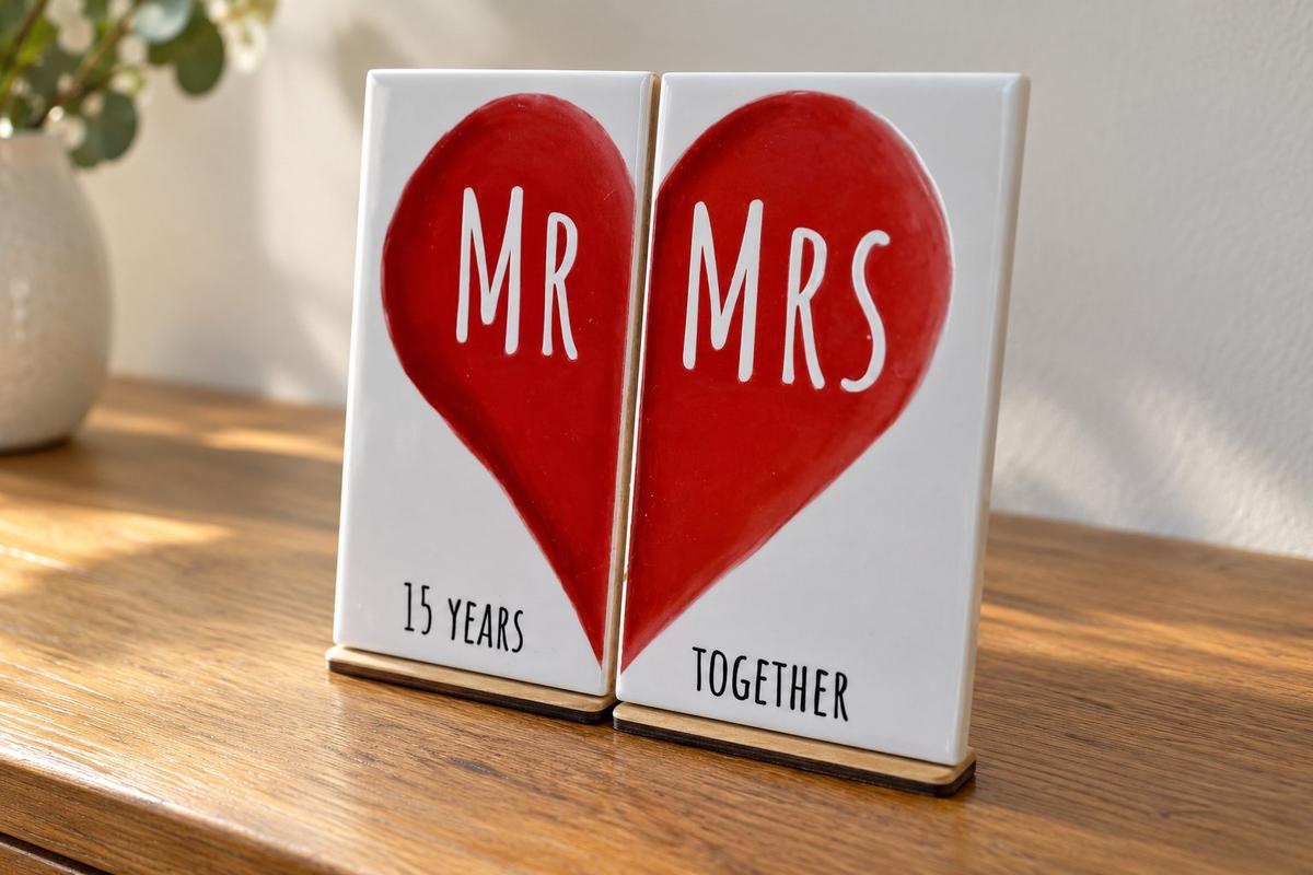 Mr & Mrs 15 Years Together - 15th Anniversary Double Tile Ornament (free stand)