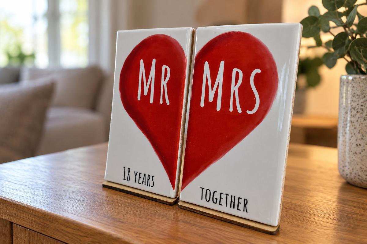 Mr & Mrs 18 Years Together - 18th Anniversary Double Tile Ornament (free stand)