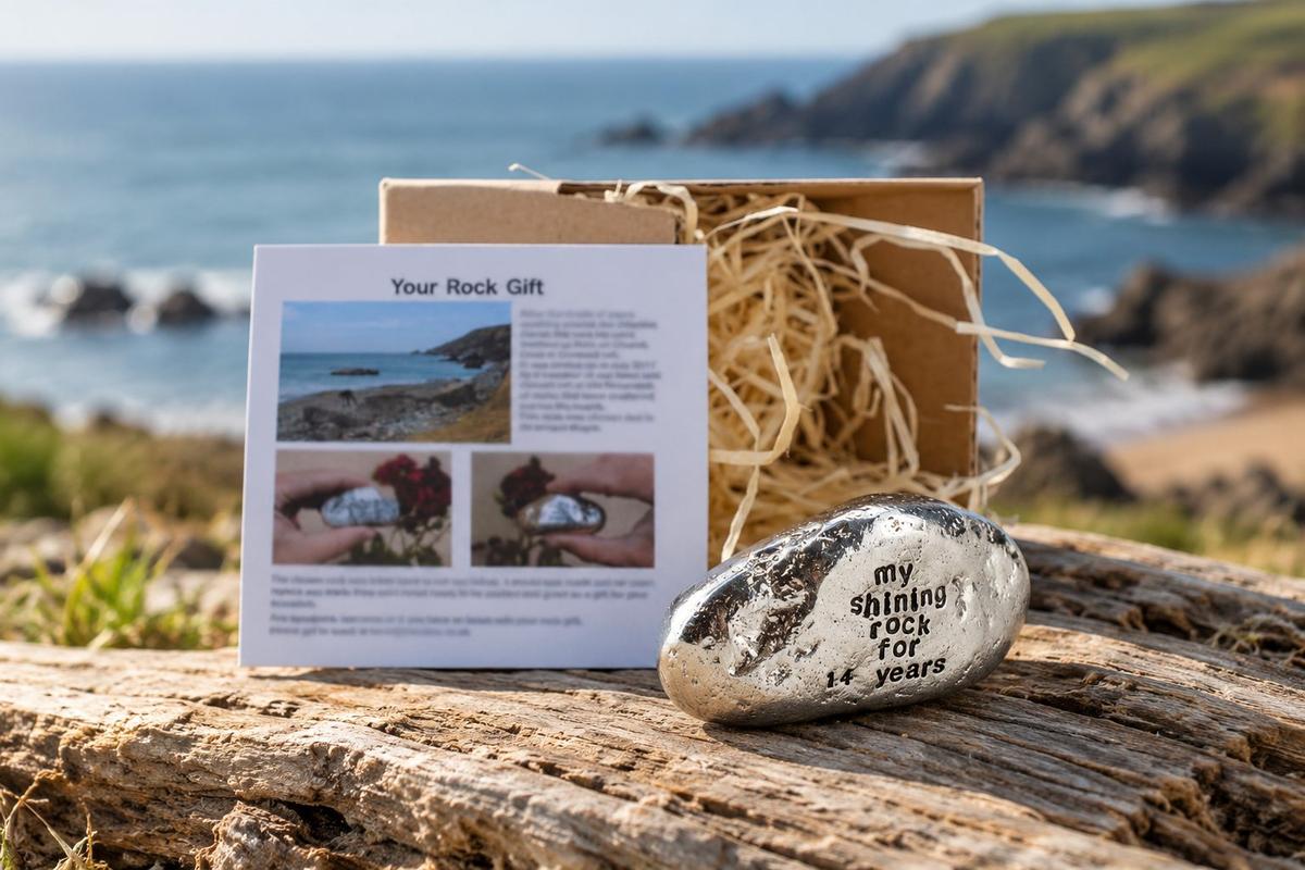 14th wedding anniversary gift — silver-polished metal rock engraved 'My Shining Rock For 14 Years', supplied in card gift box with story leaflet
