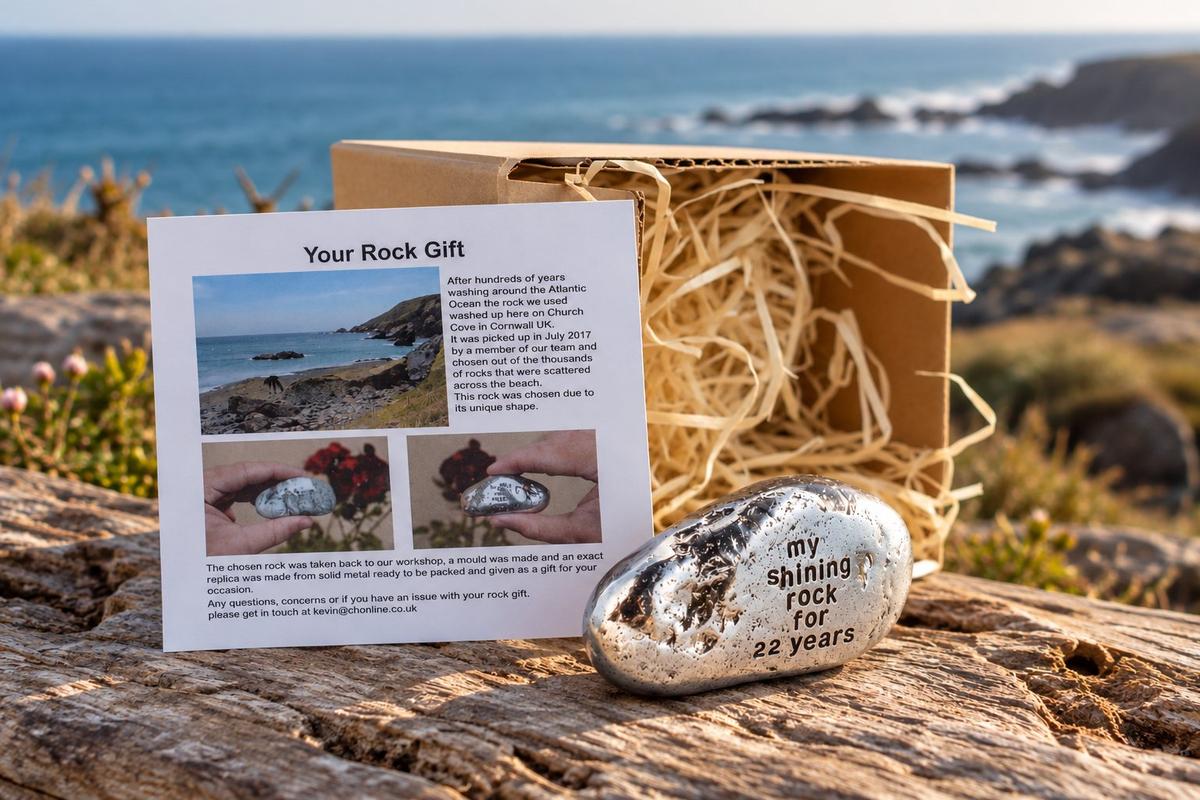 22 year wedding anniversary gift — solid polished metal 'My Shining Rock' keepsake engraved 'my shining rock for 22 years', supplied in card box with story leaflet