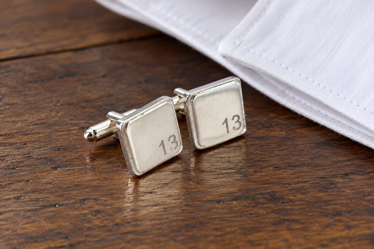 Polished Square Tin Cufflinks with '13' Engraved - 13th Anniversary