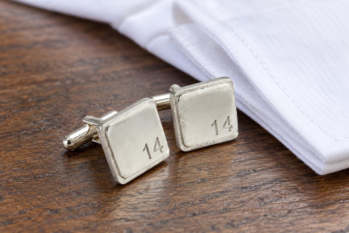 Polished Square Tin Cufflinks with '14' Engraved - 14th Anniversary