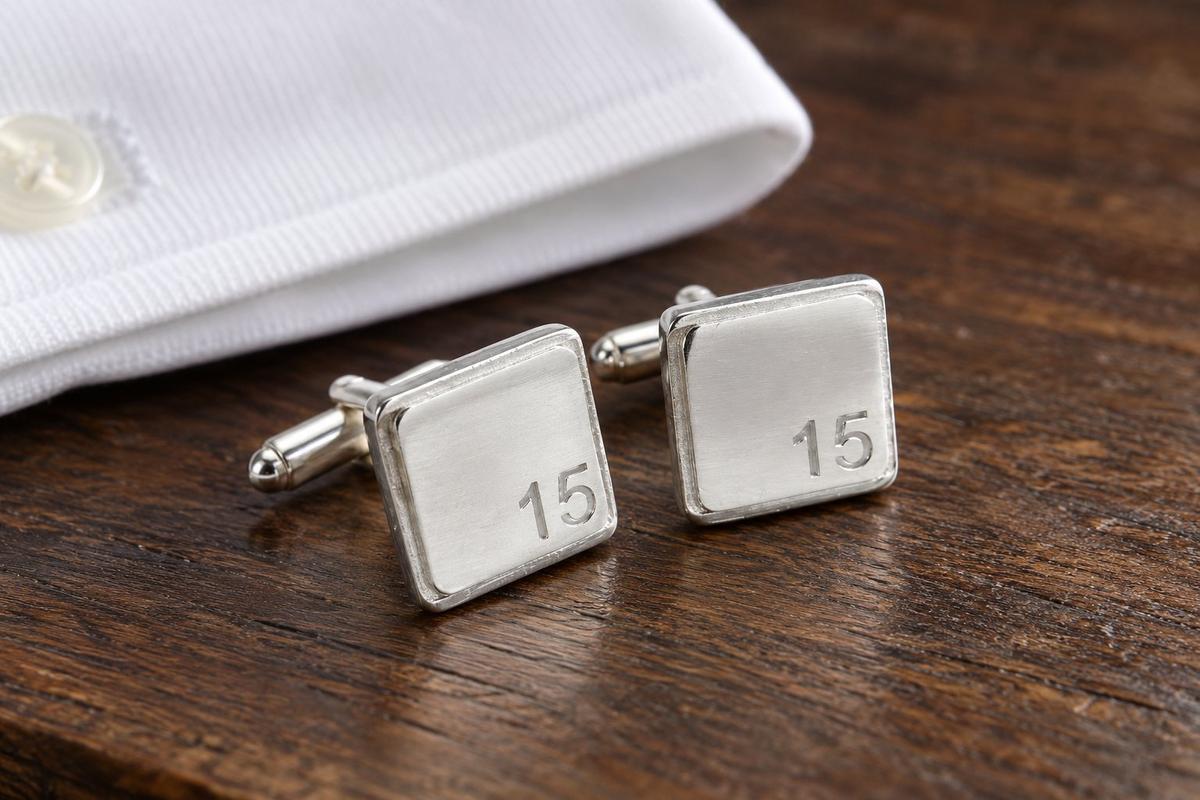 Polished Square Tin Cufflinks with '15' Engraved - 15th Anniversary