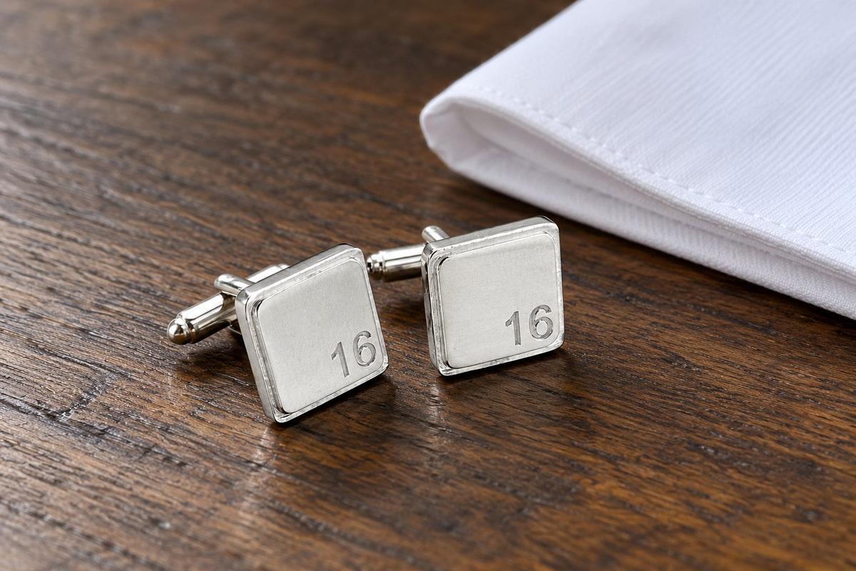 Polished Square Tin Cufflinks with '16' Engraved - 16th Anniversary