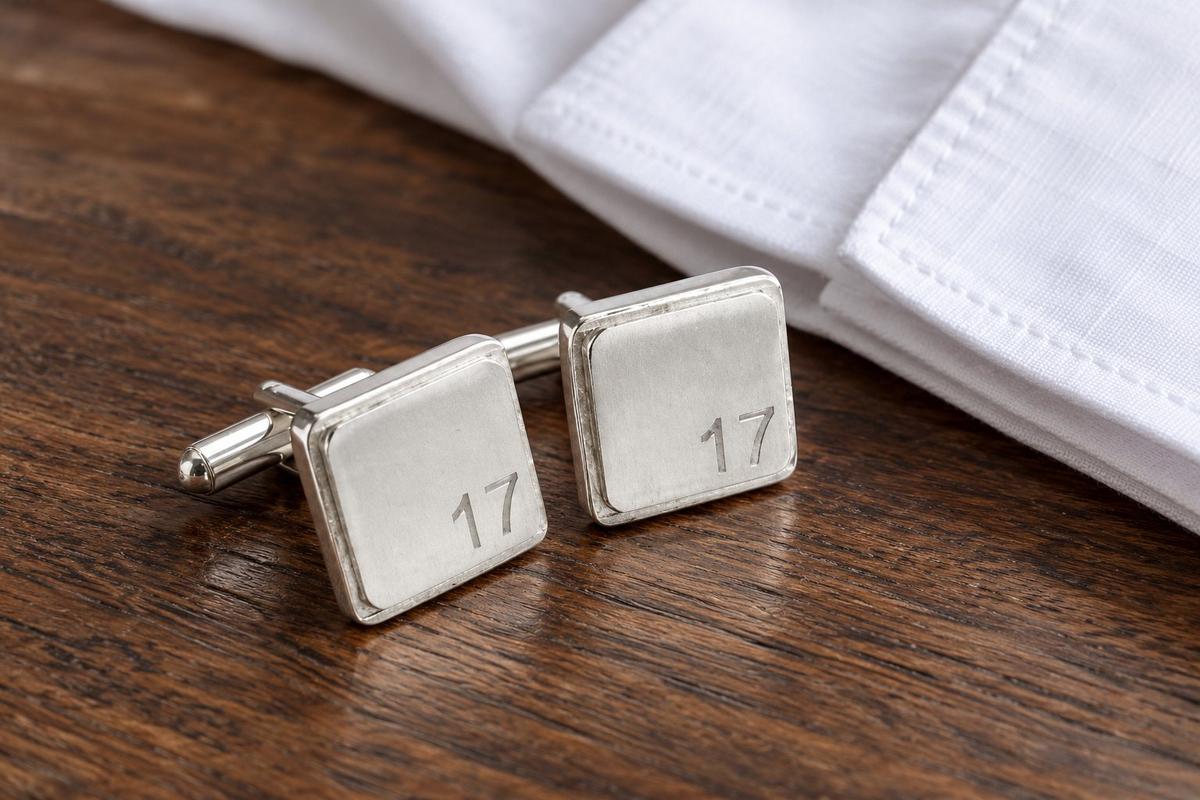 Polished Square Tin Cufflinks with '17' Engraved - 17th Anniversary