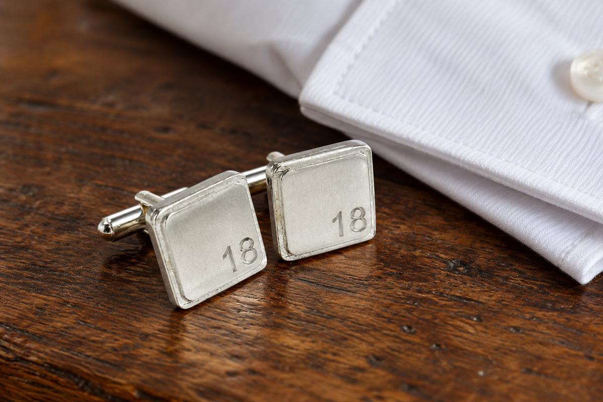 Polished Square Tin Cufflinks with '18' Engraved - 18th Anniversary