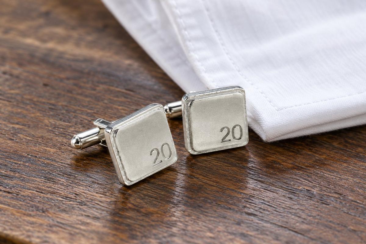 Polished Square Tin Cufflinks with '20' Engraved - 20th Anniversary
