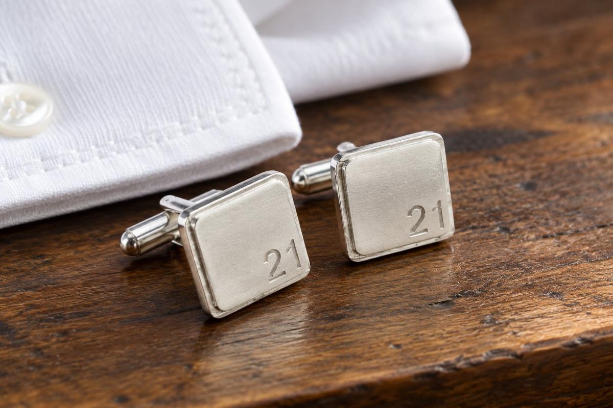 Polished Square Tin Cufflinks with '21' Engraved - 21st Anniversary